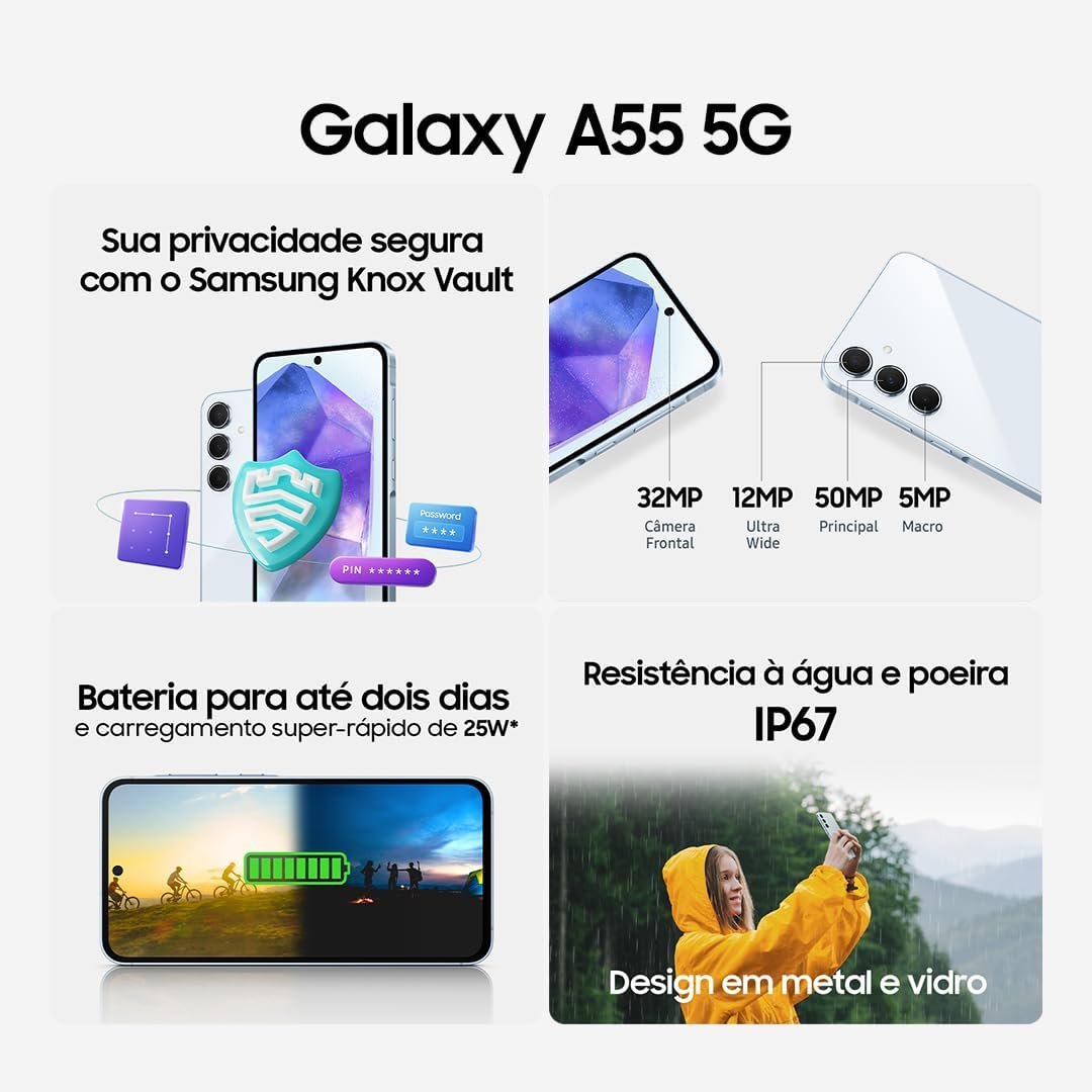 Samsung Galaxy A55 5G, Câmera Tripla Traseira de até 50MP, Selfie de 32MP, Nightography, Apagador de objetos, Design em metal e vidro, IP67, Super AMOLED 6.6" 120Hz Vision Booster, 128GB - Imagem 5